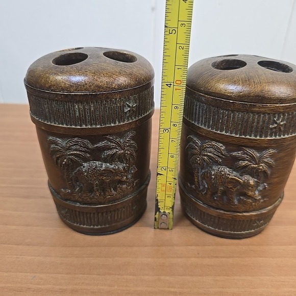 Carved Wood Toothbrush Holder Beach Tiki Palm Trees Elephants Trunks Up Set of 2 - Picture 2 of 7